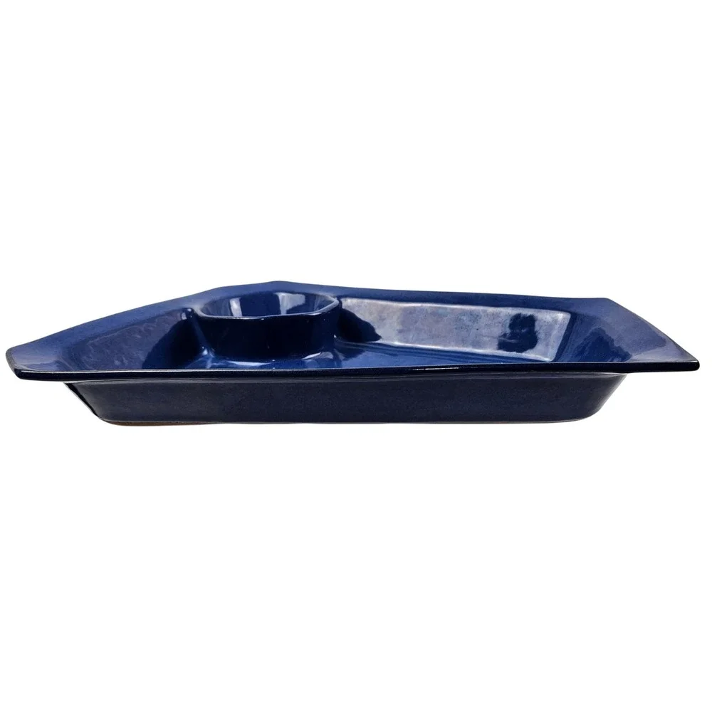 Studio Pottery Cobalt Blue Asymmetrical Chip and Dip Platter Artist Signed AG